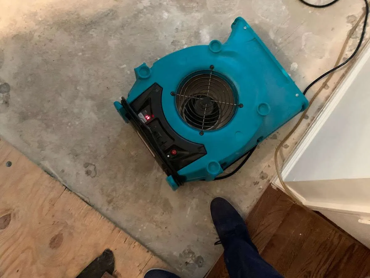 Air mover drying subfloor during Leak Detection & Repair in Piscataway